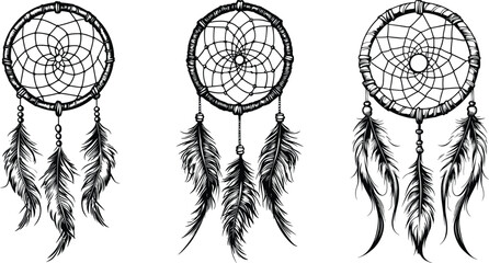 Black and white illustration of  Dreamcatcher set