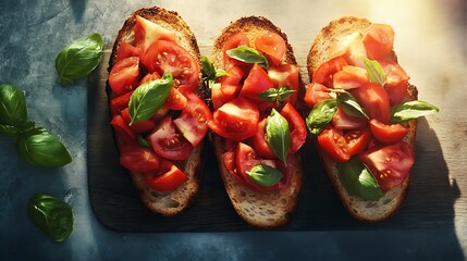 Fresh Tomato Bruschetta with Basil and Olive Oil on Rustic Wooden Board