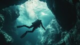 scuba diver circling a cave