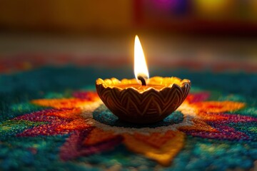 Indian festival Diwali, Diya oil lamps lit on colorful rangoli. Hindu traditional. Happy Deepavali. Copy space for text with generative ai