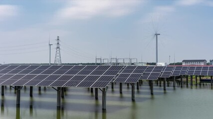 Poster - solar power station and wind turbines over sea