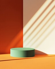 Aufkleber - Minimalist Vibrant Green Podium on Burnt Orange Background with Sharp Shadows
