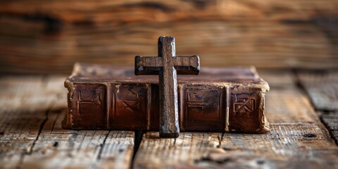 Intimate shot of tiny crucifix and literature on wooden surface for writing.