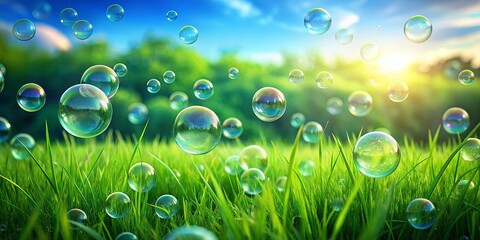 Lush green and blue grass field with an abundance of floating soap bubbles