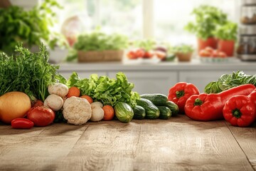 Wall Mural - A vibrant display of fresh vegetables on a wooden table in a kitchen setting.