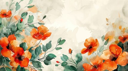 Wall Mural - Vibrant Watercolor Floral Backdrop with Green and Orange Hues - Perfect for Copy Space