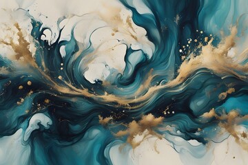 Wall Mural - Random splashes of deep blue teal and gold on a soft neutral background, AI Generated