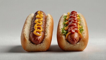 Two hot dogs, one with mustard, the other with ketchup and lettuce.

