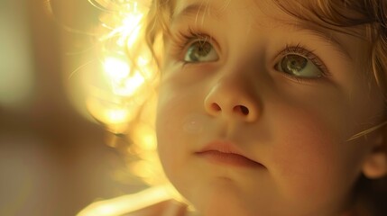 A close-up portrait of a young girl with blonde hair and big green eyes, looking up with a thoughtful expression. The light from a window behind her creates a halo effect around her head.