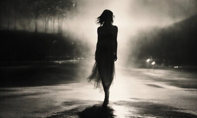 Wall Mural - Blurry motion silhouette of a girl with long hair. ai generative