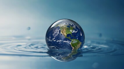 Conceptual water drop dropping on water surface, planet earth shaped water, concept of water crisis and planet earth life