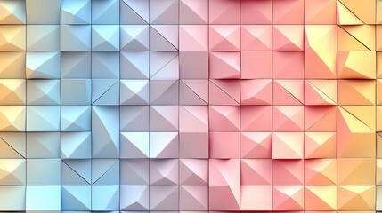 A pastel geometric pattern featuring a grid of interlocking triangles and squares in pale pink, light blue, and soft yellow, with gentle shading creating a smooth 3D effect --ar 16:9 --no logo --tile