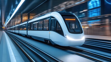 A sleek, modern train accelerates through a vibrant station illuminated by bright lights, showcasing advanced technology and efficient transportation at night