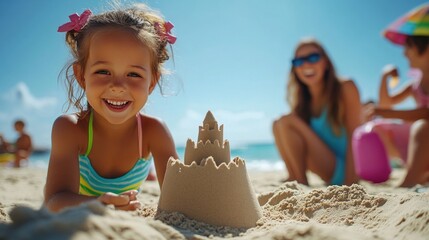 The child smiles while crafting a sandcastle on the beach, surrounded by friends who are laughing and playing in the bright sunlight and warm sand