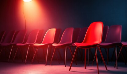 Red chair under spotlight in dark room, concept of leadership and success