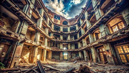 rubble, spooky, destroyed, architecture, desolate, neglected, decay, urban exploration, forsaken, abandoned, inside, Scary abandoned building destroyed inside Worm s Eye View