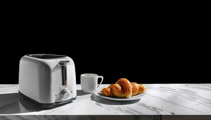 toaster and bread, toaster and toast, Another view of a modern toaster and breakfast setup on a white marble table in a kitchen, breakfast with coffee and bread