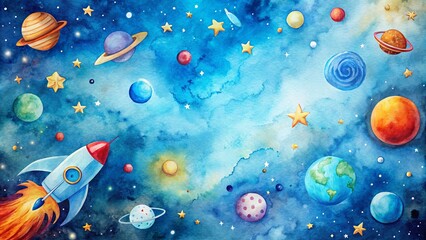 Wall Mural - blue watercolor background with space-themed s including planets, stars, rockets, and galaxies