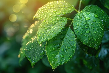 Wall Mural - Refreshing Raindrops on Lush Green Leaves: A Natural Beauty Closeup