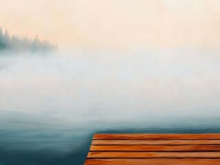 Wall Mural - misty morning lake with wooden dock abstract background - tranquil landscape watercolor painting.