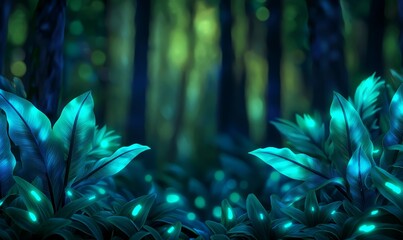 Wall Mural - glowing tropical leaves in dark forest night abstract background for design and illustration