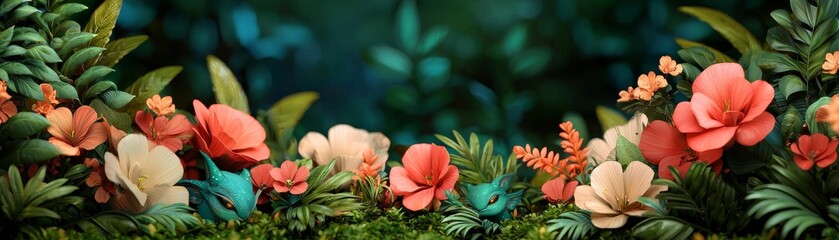 Wall Mural - vibrant tropical floral background with a hidden fantasy creature for digital design projects, websi
