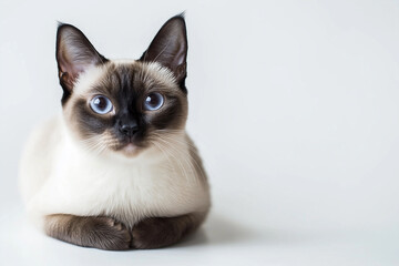 Wall Mural - Siamese cat with blue eyes is laying on a white background. The cat is calm and relaxed, and its blue eyes give it a serene and peaceful appearance