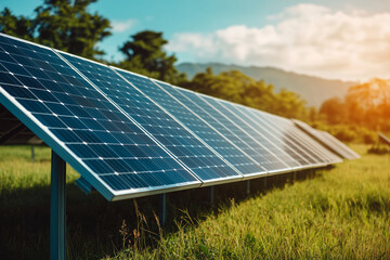 Wall Mural - solar panel array is installed in a grassy field. The panels are arranged in rows and are facing the sun. Concept of sustainability and environmental consciousness, as solar energy is a clean