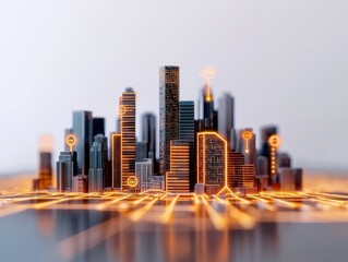 Wall Mural - futuristic cityscape with neon lines and nodes - global economy and business growth concept.