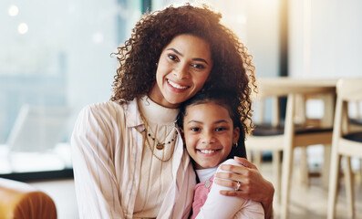 Wall Mural - Kid, woman and portrait with smile in home for love, support and bonding together on weekend. Happy, mother and daughter relaxing with hug in living room for care, connection and trust in childhood