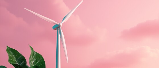 Wall Mural - minimalist 3d render of a white wind turbine against a pastel pink sky with green leaves in the foreground, representing eco-friendly energy and a sustainable future.