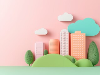 Wall Mural - pastel minimalist cityscape 3d render with cloud and green hills - abstract eco concept.