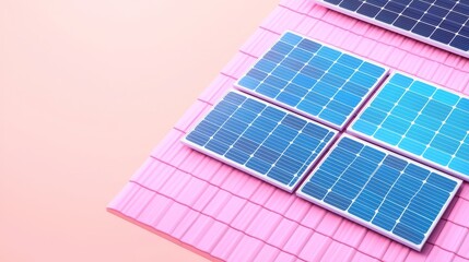 Wall Mural - minimalist 3d render of solar panels on pastel pink roof for eco-friendly energy and sustainability concepts