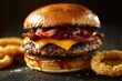 © PinkiePie - A BBQ bacon cheeseburger with melted cheddar, crispy bacon, and barbecue sauce, served with onion rings