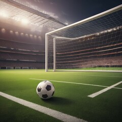 a soccer field with a soccer ball in front of the goal