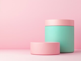 Wall Mural - minimalist pink and green cylinder podium mockup for product display or presentation on a pastel background.