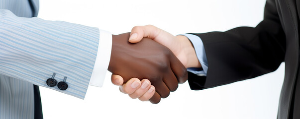 Two business professionals engaged in a firm handshake, symbolizing partnership during a meeting in a corporate office