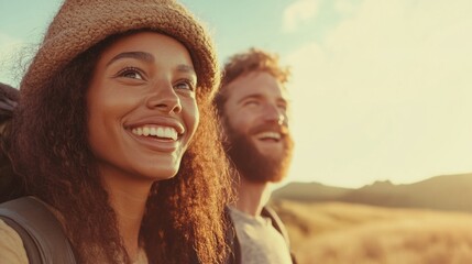 Joyful Young Multiracial Couple Hiking in Idyllic Countryside During Golden Hour