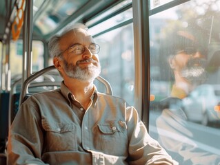 Relaxed Older White Man Sitting by Window on City Bus, daylight reflections, casual ride
