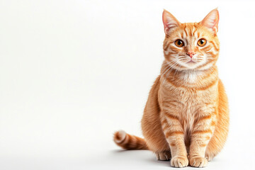 Wall Mural - large orange tabby cat is sitting on a white background. The cat has a very cute and friendly expression on its face