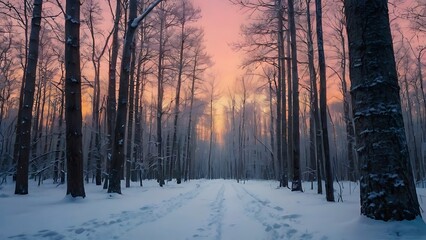 Wall Mural - Winter landscape in forest full of tall trees with no leaves, cold view evening in horizon