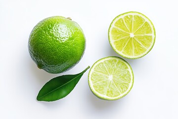 A whole lime and two halved limes with a green leaf on a white background.