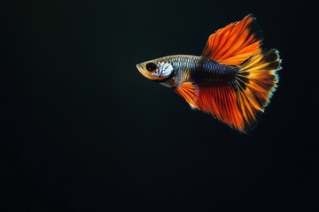 Mystic portrait of Tuxedo Guppy Fish, copy space on right side, Close-up View, isolated on black background