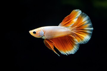 the beside view Tuxedo Guppy Fish, left side view, white copy space on right, Isolated on dark Background