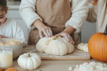 Middle Eastern Family Preparing Bread during Autumn Celebration - Cozy Indoor Scene with Pumpkins and Home Baking