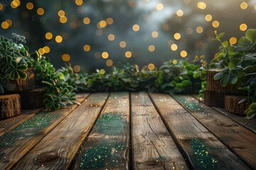 Saint Patrick's Day Table Mockup with Green and Gold Background and Glitter