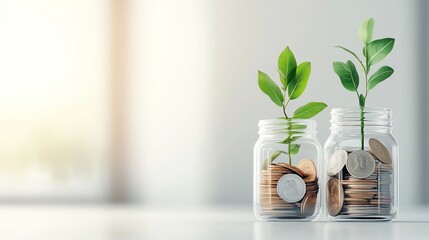 Fresh plants grow in jars filled with coins, symbolizing growth, investment, and financial prosperity in a modern setting.