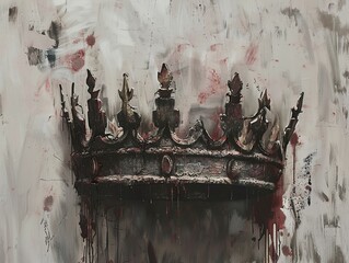 A tarnished golden crown dripping with blood against a mottled gray background.