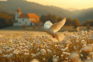 Peaceful Flight Over Rural Church: Dove Soars Above Serene Landscape