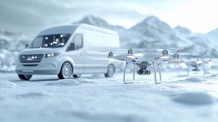 A drone and a delivery van on a snowy landscape, showcasing modern transportation technology in a cold environment.